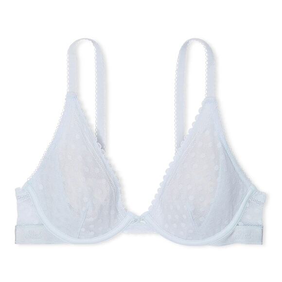 VS PINK Wink Unlined Plunge Bra Size 38DD Dot Mesh Hydrangea Blue - Picture 3 of 5